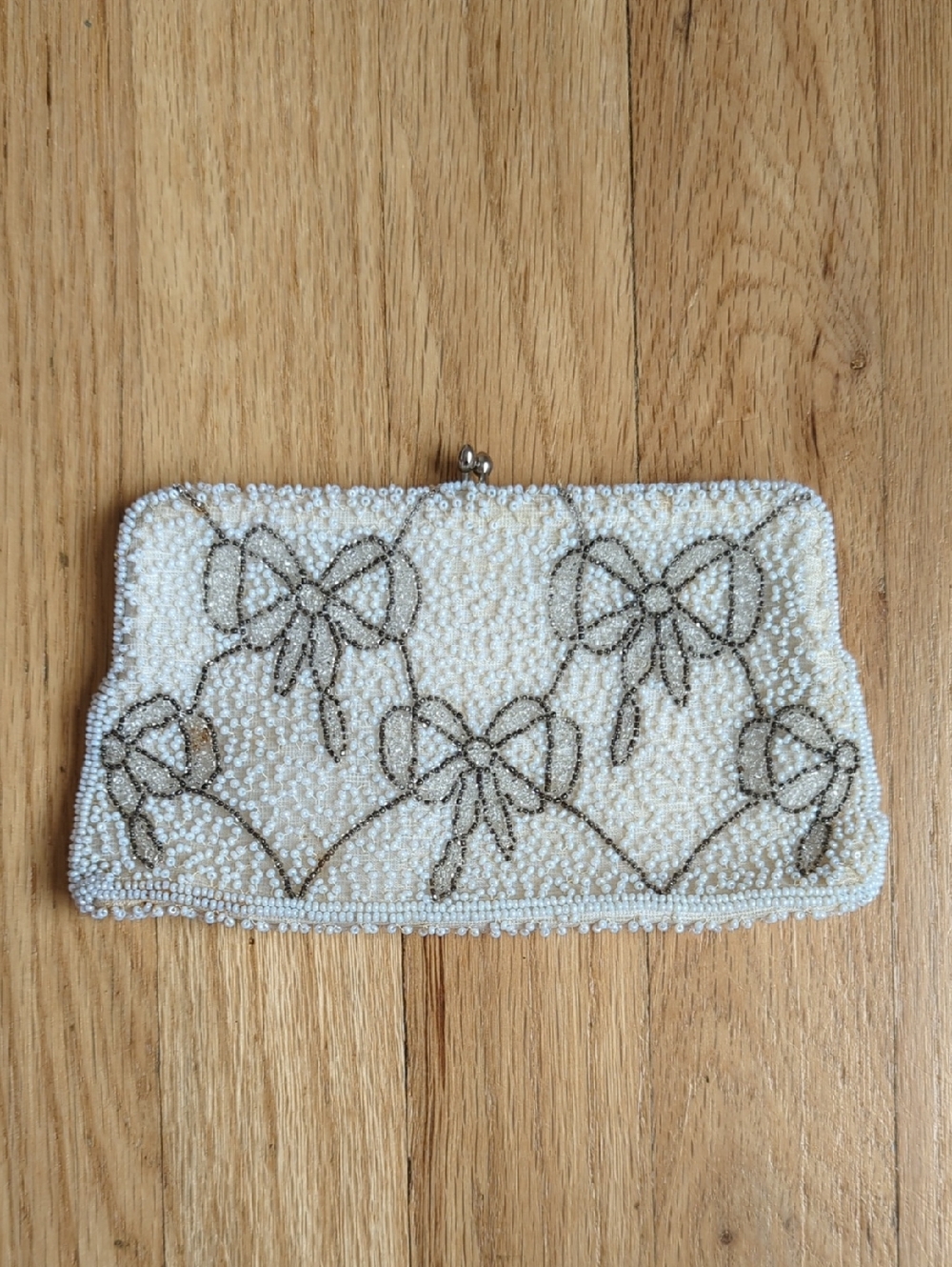 Vintage Saks Fifth Avenue White Beaded Bow Clutch